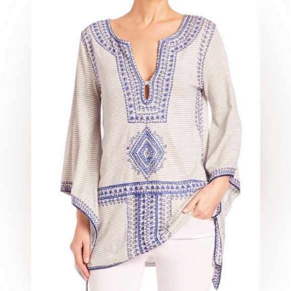 Calypso St. Barth Tops - Calypso St Barth Etasa linen embroidered blue gray tunic top coverup poupette